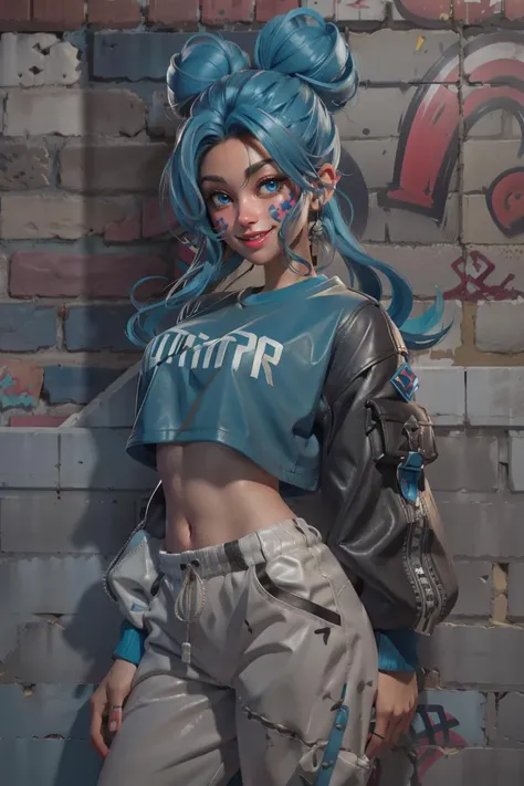 (absurdres,official art,unity 8k wallpaper,ultra detailed,High quality,best quality),1girl,(crop top),long hair with buns,blue eyes,graphic white t-shirt,oversized jogger pants,leather jacket,lean against the wall,backstreet,graffiti on the wall,hiphop,smiling,perfect symmetrical face,