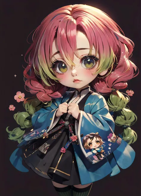 (masterpiece, top quality, best quality, official art, beautiful and aesthetic:1.2),sleek,highly detailed,
(fractal art:1.2),offcial art,colorful,Colorful background,splash of color, perspective,
advertising style,magazine cover,(Simple background:1.3),
xuer Mitsuri Kanroji,1girl,solo,kanroji mitsuri,
(chibi:1.4),
<lora:xuer Mitsuri Kanroji_20240330191511:0.8>,