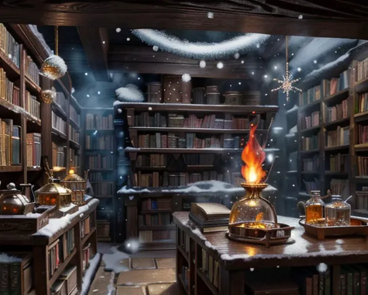 fantasy,detailed background,laboratory,shelves,books,alchemist recipes,mistery,(snow particles:1.2), (fire particles:1.2), (gold articles:1.2),highres,wide_shot,dynamic_angle,dungeon,