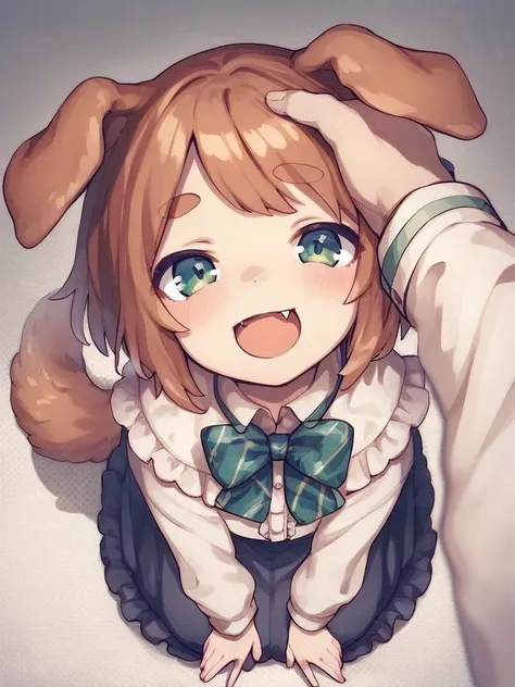 <lora:Neoki-PonyXL-1024px:0.7>
score_5_up,  score_6_up,
1girl, solo, kneeling, from above, dog_ears, dog_tail, smile, open mouth, fang, frills, bowtie, pov_hand, patting head