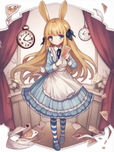 super detailed,(highest quality),((masterpiece)),(High resolution),original,Highly detailed 8K wallpaper,(very delicate and beautiful),
anime,
alice in wonderland,1girl Blonde Straight Hair Serious Stockings Sit Watch ( manga-anime , Gradient by Yumei Victor Ngai),