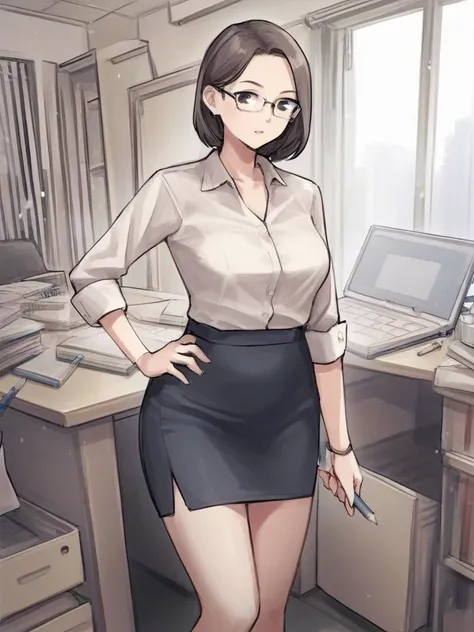 <lora:Neoki_Ohae_Nekos-PonyXL-1024px:0.9>
score_5, score_6, 
 1girl, solo, hand on hip, office lady, wearing (blouse, pencil_skirt, glasses), indoors, office