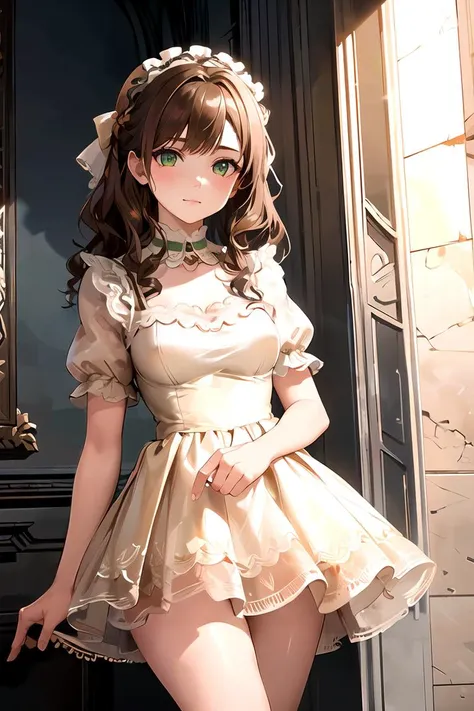 masterpiece, best quality, highres, volumetric lighting and shadows ash, 1girl, brown hair, light green eyes, voldress, capitol building background <lora:ruffledDress_voldress_v3:1>