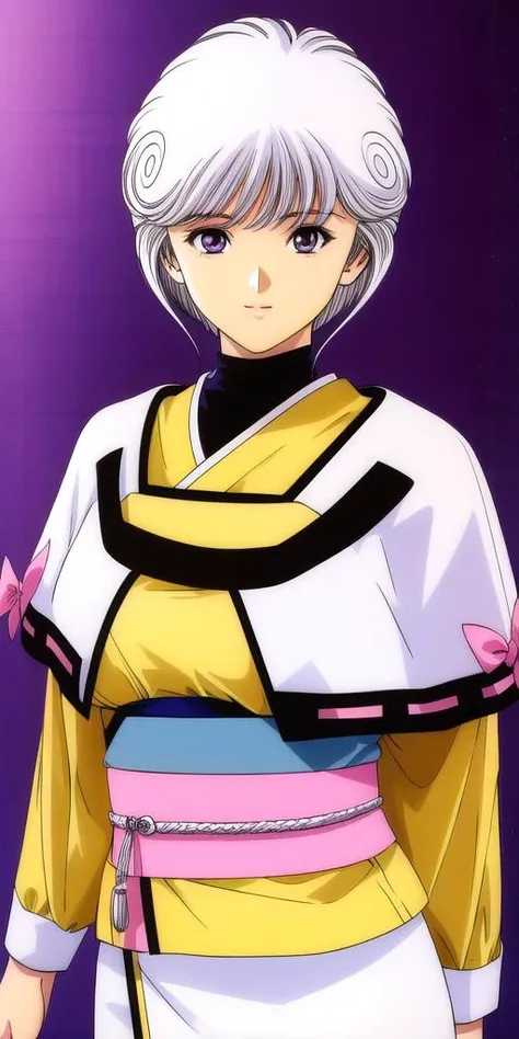 <lora:Amano_AiV3:0.7> amano_ai, huge_breasts, standing, solo, yellow_short_kimono_white_pantyhose_white_capelet_pink_obi_pink_bow, masterpiece, best quality, detailed face, detailed eyes, highres,