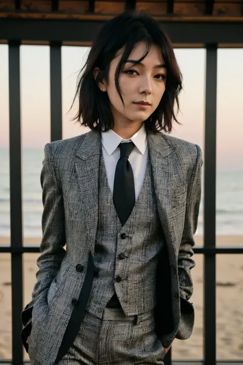 NatashaLiuBordizzo wearing long chequered trousers, a waistcoat and black suit jacket with a tie, smirking, black hair, shoulder length hair, beach house, (medium full shot:1.4), shot with Canon EOS R5 masterpiece, best quality, intricate detail, depth of field, natural contrast, environmental lighting, natural light, subject looking down at camera,