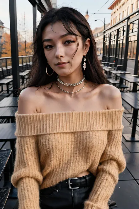 natashaLiuBor piercing eyes, looking straight, very happy,long hair, wearing an off-shoulder sweater, choker, closeup portrait, in a outdoor cafe in 2015, afternoon light