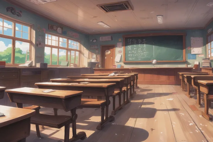 digital painting, whimsical anime movie background, a high school classroom<lora:EnvyStarlightIdyllicAnime01:1>