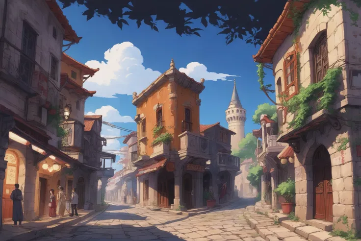 digital painting, whimsical anime movie background, a street in istanbul<lora:EnvyStarlightIdyllicAnime01:1>