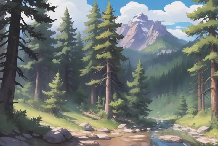 digital painting, whimsical anime movie background, a pine forest in the colorado rockies<lora:EnvyStarlightIdyllicAnime01:1>