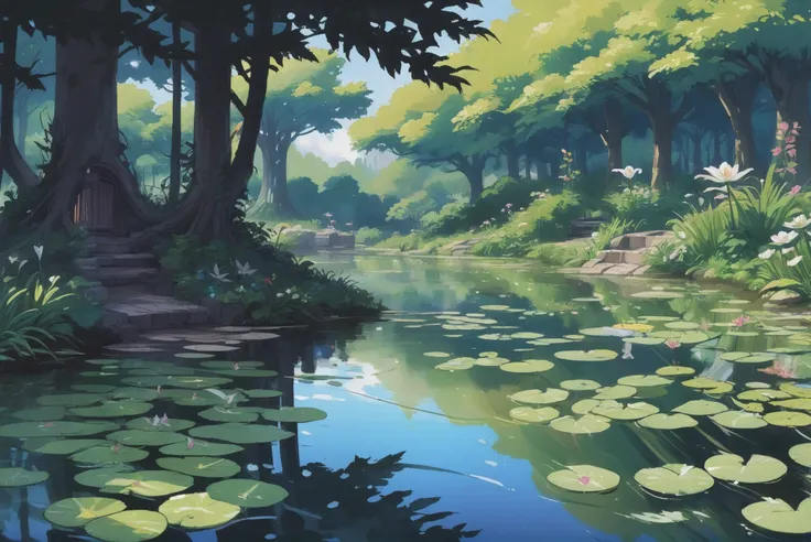 digital painting, whimsical anime movie background, a pond in the woods with lily pads<lora:EnvyStarlightIdyllicAnime01:1>