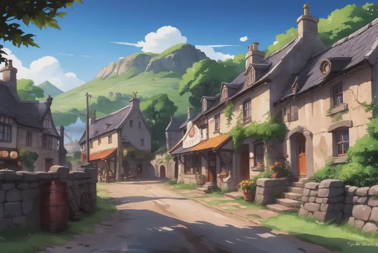 digital painting, whimsical anime movie background, a scottish village<lora:76_dora-000005:1:1:lbw=SDXL_OUTS>