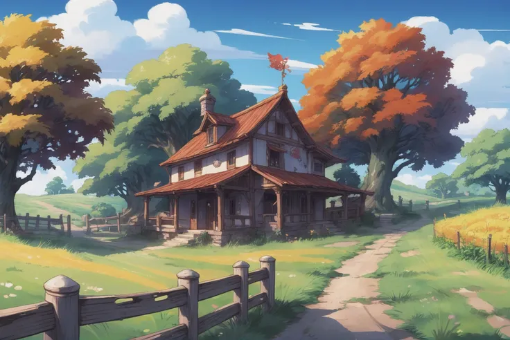 digital painting, whimsical anime movie background, a farmhouse<lora:EnvyStarlightIdyllicAnime01:1>