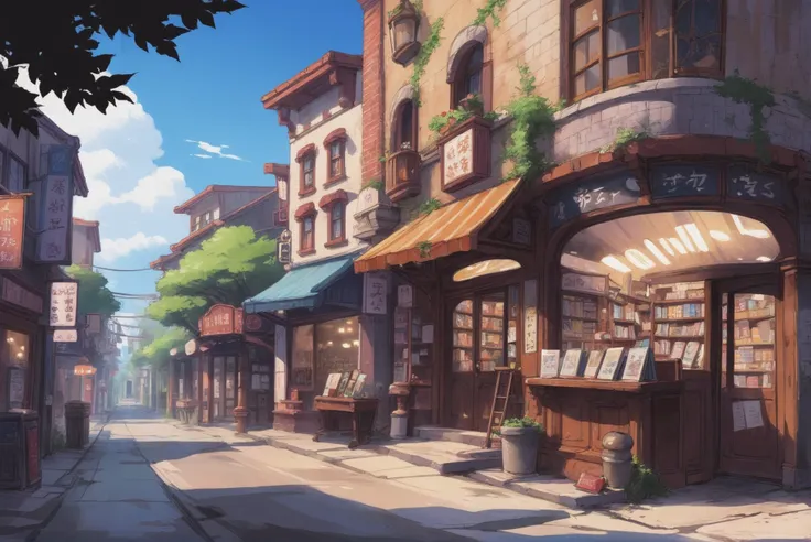 digital painting, whimsical anime movie background, a city bookstore<lora:76_dora-000005:1:1:lbw=SDXL_OUTS>