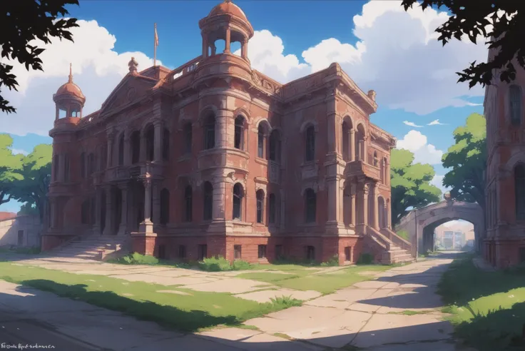 digital painting, whimsical anime movie background, a deserted high school building<lora:EnvyStarlightIdyllicAnime01:1>