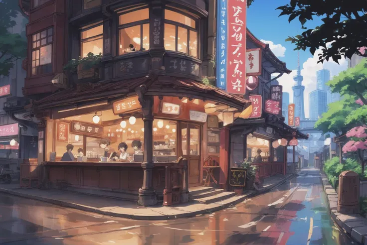 digital painting, whimsical anime movie background, a cafe in Tokyo<lora:EnvyStarlightIdyllicAnime01:1>