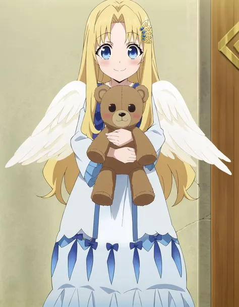 score_9, source_anime, anime coloring, <lora:MeMaXL_V2:0.8>, <lora:FilocXLPonyV1-000009:1>, filoc, 1girl, solo, blonde hair, blue eyes, angel wings, (anime screencap:1.3), looking at viewer, blush, hair ornament, standing, happy, smile, white dress, blue bow, hugging teddy bear,