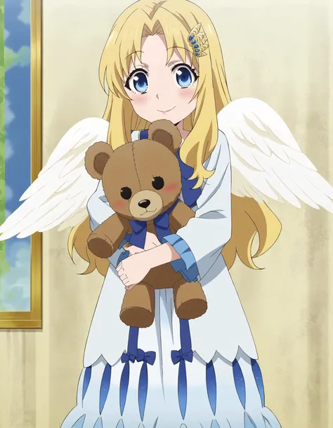 score_9, source_anime, anime coloring, <lora:MeMaXL_V2:0.8>, <lora:FilocXLPonyV1-000009:1>, filoc, 1girl, solo, blonde hair, blue eyes, angel wings, (anime screencap:1.3), looking at viewer, blush, hair ornament, standing, happy, smile, white dress, blue bow, (pink lips:0.8), hugging teddy bear,