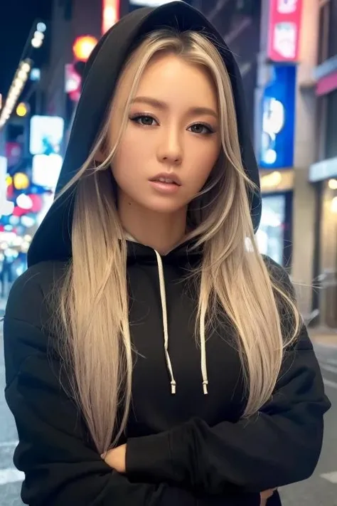 1girl,(wearing a black hoodie:1.2),(RAW photo, best quality), (realistic, photo-realistic:1.4), masterpiece, an extremely delicate and beautiful, extremely detailed, 2k wallpaper, Amazing, finely detail, extremely detailed CG unity 8k wallpaper, ultra-detailed, highres, soft light, beautiful detailed girl, extremely detailed eyes and face, beautiful detailed nose, beautiful detailed eyes,cinematic lighting,on a street in shibuya at night.city lights at night,perfect anatomy,slender body <lora:kodakumi_lora:0.8>