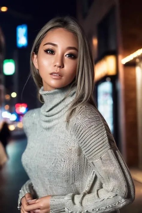 1girl,(wearing a turtleneck sweater:1.4),(RAW photo, best quality), (realistic, photo-realistic:1.4), masterpiece, an extremely delicate and beautiful, extremely detailed, 2k wallpaper, Amazing, finely detail, extremely detailed CG unity 8k wallpaper, ultra-detailed, highres, soft light, beautiful detailed girl, extremely detailed eyes and face, beautiful detailed nose, beautiful detailed eyes,cinematic lighting,on a street in shibuya at night.city lights at night,perfect anatomy,slender body ,smiling<lora:kodakumi_lora:0.8>