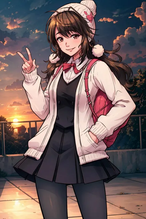 (extremely detailed CG unity 8k wallpaper), (best quality), (ultra-detailed), 1girl, kizuna, brown hair, long hair, beanie, sweater, school uniform, pleated skirt, pantyhose, smiling, sunset outdoors park, <lora:kizuna:0.75>, backpack
