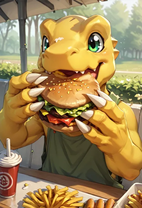 score_9,score_8_up,  <lora:OtherStyle_01:0.6>, <lora:DigimonCharacterPackV05:0.8> agumon, source_anime, highly detailed,
eating,burger, happy, open mouth,food on face, yellow skin