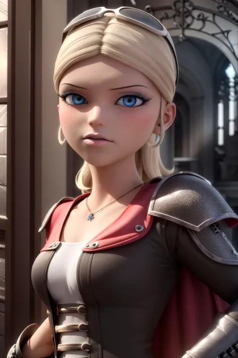 (realistic:1.3), 1girl, solo, chloe, blonde hair, blue eyes, light pink lipstick, portrait, solo, half shot, looking at viewer, detailed background, detailed face, (<lora:GothicPunkAI:0.5>, gothicpunkai, gothic theme:1.1), defender, guarding, resolute, gauntlets, emblem, dark red cape, town square in background, night, medieval atmosphere,, unreal engine, 3d, octane render, sharp details, <lora:chloe:0.55>