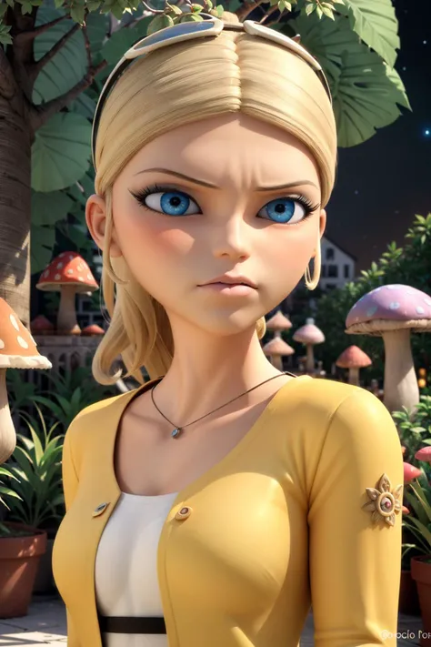 (realistic:1.3), 1girl, solo, chloe, blonde hair, blue eyes, light pink lipstick, portrait, solo, upper body, looking at viewer, detailed background, detailed face, (<lora:BohoAI:0.6>, bohoai, boho theme:1.1) mushroom druid, (Style-SwampMagic:0.4), mushroom themed orange clothing, natural, swirling magical energy in the air, moss, many mushrooms, living mushrooms, spreading, mushroom garden in background, eerie dark night, blue magical lights, ethereal atmosphere,, angry, unreal engine, 3d, octane render, sharp details, <lora:chloe:0.55>