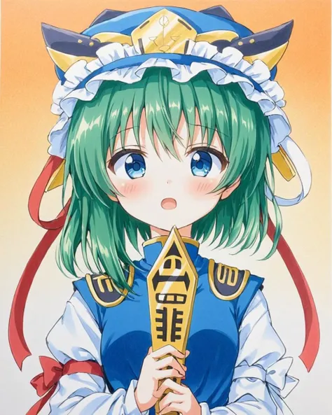 shiki eiki,1girl, solo, traditional_media, rod_of_remorse, upper_body, open_mouth, looking_at_viewer, frilled_hat, blue_vest, :o, holding, white_shirt, shikishi, marker_\(medium\), hat_ribbon, blush, blue_headwear, red_ribbon, gradient_background, gradient
<lora:shiki_eiki_image6175_2023-12-14-000007:1>,star-shaped_pupils,symbol-shaped_pupils,. gorgeous,key visual, vibrant, studio anime,award-winning, professional, highly detailed,high budget, cinemascope