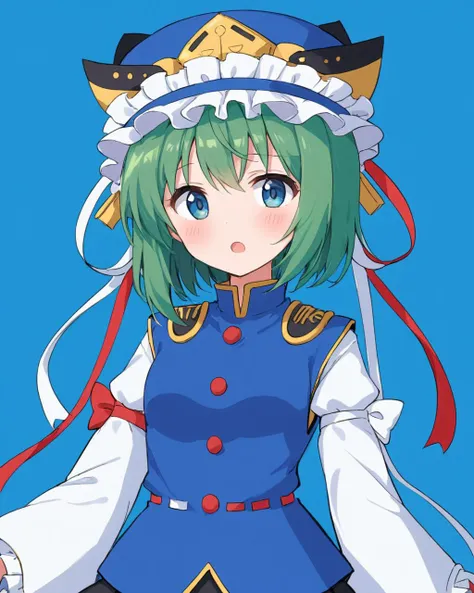 shiki eiki,1girl, solo, long_sleeves, blue_vest, simple_background, looking_at_viewer, upper_body, blue_background, open_mouth, epaulettes, blush, wide_sleeves, blue_headwear, :o, white_shirt, black_skirt, frilled_hat, bow, ribbon, buttons, v-shaped_eyebrows
<lora:shiki_eiki_image6175_2023-12-14-000007:1>,star-shaped_pupils,symbol-shaped_pupils,. gorgeous,key visual, vibrant, studio anime,award-winning, professional, highly detailed,high budget, cinemascope