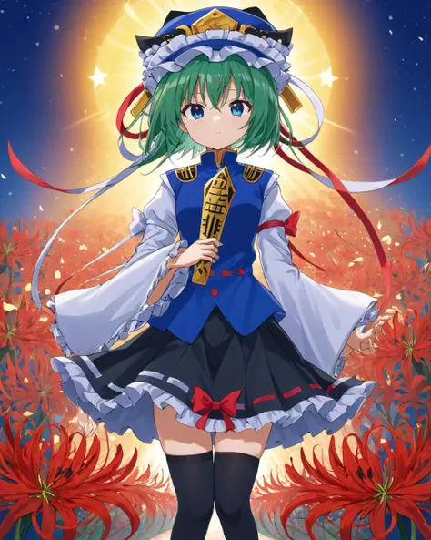 shiki eiki,1girl, solo, black_skirt, long_sleeves, rod_of_remorse, black_thighhighs, ribbon-trimmed_skirt, spider_lily, frilled_hat, blue_vest, white_shirt, closed_mouth, cowboy_shot, looking_at_viewer, red_flower, blue_headwear, black_headwear, holding, zettai_ryouiki, white_ribbon, standing, red_bow, outdoors, red_ribbon, wide_sleeves, sky, epaulettes, frilled_skirt
<lora:shiki_eiki_image6175_2023-12-14-000007:1>,star-shaped_pupils,symbol-shaped_pupils,. gorgeous,key visual, vibrant, studio anime,award-winning, professional, highly detailed,high budget, cinemascope