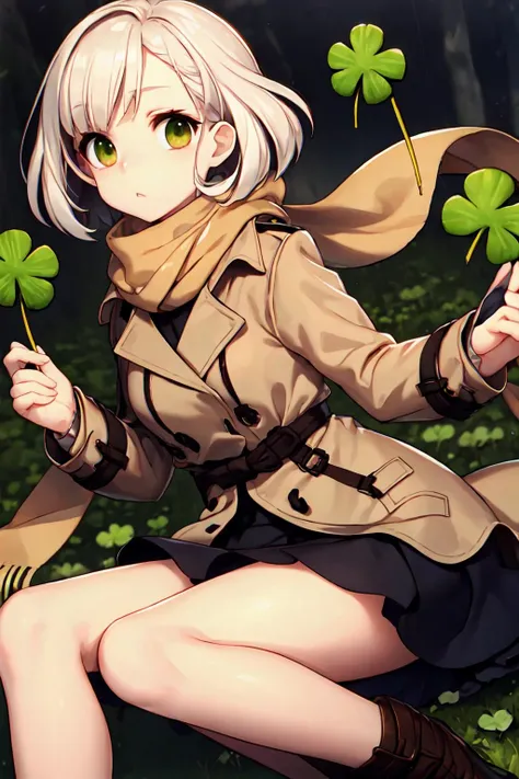 petite, minigirl, pale skin, platinum blonde hair, hazel eyes, scarf, skirt, four-leaf clover, irish, trench coat, brown coat,<lora:Masaru:1>
