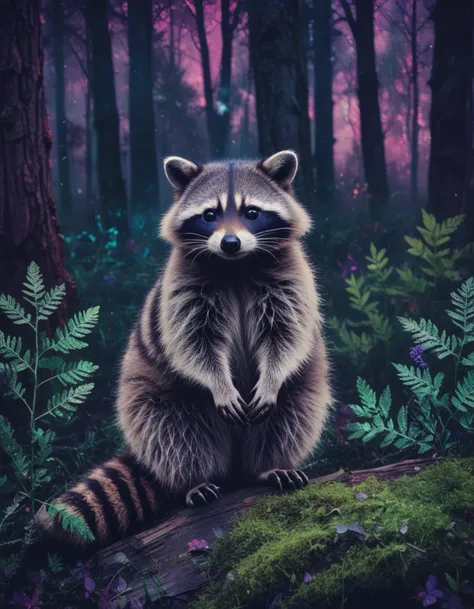 <lora:CBS_novuschroma03 style:1> novuschroma03 photo of raccoon in a forest