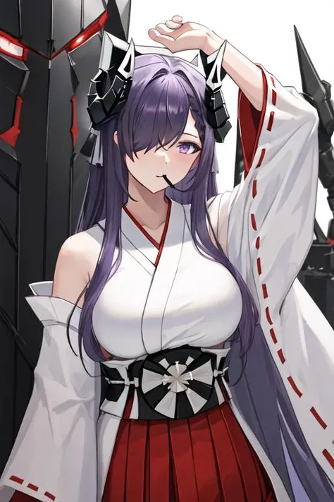 best quality, masterpiece, highres, solo, {white kimono:1.35}, {red hakama:1.35}, {wide sleeves:1.20}, {august_von_parseval_azurlane:1.15}, long_hair, hair_over_one_eye, horns, mechanical_horns, purple_eyes, breasts, large_breasts, curled_horns, purple_hair, very_long_hair, one_eye_covered
