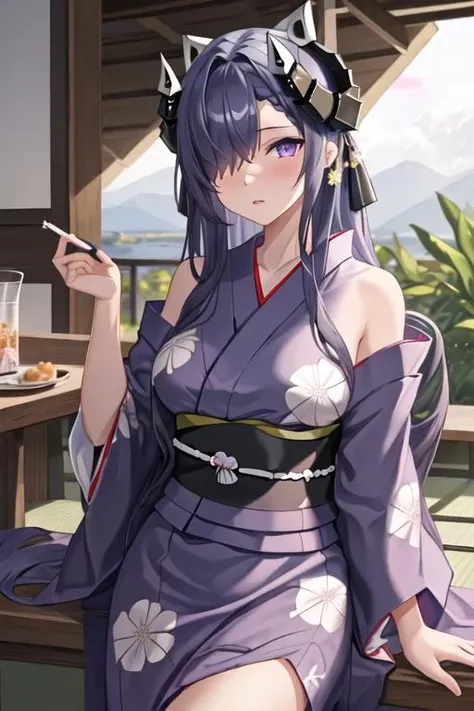 best quality, masterpiece, highres, solo, {yukata:1.40}, {kimono:1.20}, {august_von_parseval_azurlane:1.15}, long_hair, hair_over_one_eye, horns, mechanical_horns, purple_eyes, breasts, large_breasts, curled_horns, purple_hair, very_long_hair, one_eye_covered