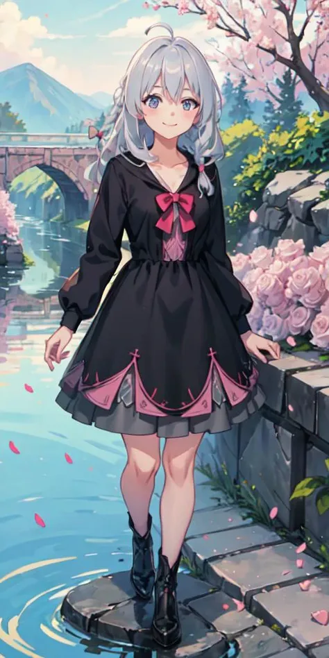 1girl, long hair, braid, pink hair bow, grey hair, ahoge, blue eyes, (dress:1.3), black dress, collarbone, flowers and petals, smile, closed mouth, (illustration:1.1), (perfect details:1.1), landscape, river in background, rose, abstract, full body, <lora:Elaina_TV_v17.7:1>