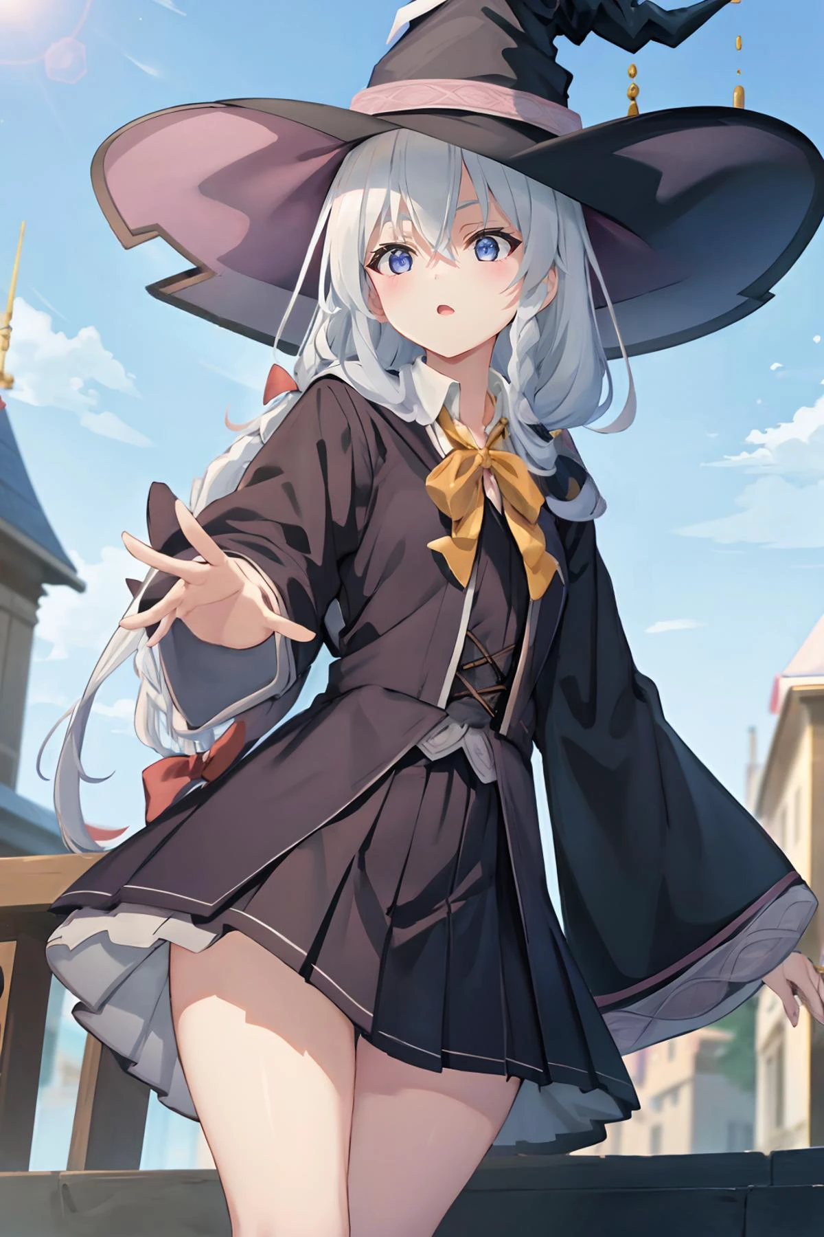 16k, highres, masterpiece, best quality,
cinematic film still a cute witch, dynamic pose, at halfway point in a movement, out of balance, looking ahead, outdoors, detailed background,
BREAK
<lora:Elaina_TV_v17.7:1>
elaina \(majo no tabitabi\), flat chest, long hair, grey hair, braid, hair bow:1.1, hair between eyes, blue eyes,
long black robe, sleeves, white collared shirt, pleated skirt, neck ribbon, yellow ribbon, witch hat, pointy boots, bare legs, . shallow depth of field, vignette, highly detailed, high budget, bokeh, cinemascope, moody, epic, gorgeous,
film grain, grainy,