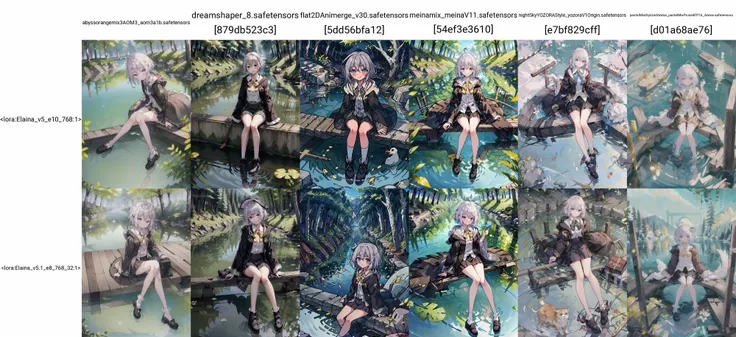 1girl, solo, looking at viewer, blush, smile, short hair, bangs, blue eyes, skirt, shirt, long sleeves, bow, ribbon, hair between eyes, sitting, closed mouth, white shirt, ahoge, grey hair, pleated skirt, outdoors, open clothes, sky, shoes, day, legs, socks, collared shirt, cloud, hood, wide sleeves, bowtie, black skirt, water, black footwear, tree, dress shirt, neck ribbon, hood down, white socks, nature, yellow bow, forest, reflection, robe, yellow ribbon, lake, cover image, pond, reflective water, elaina \(majo no tabitabi\), <lora:Elaina_v5_e10_768:1>
