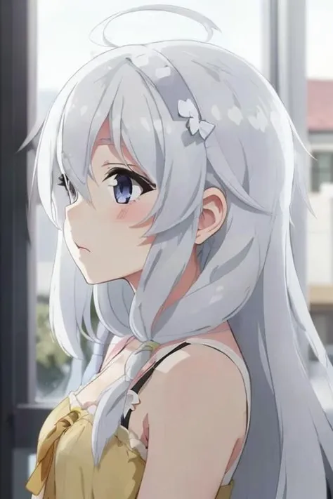 <lora:Elaina_v2:0.7>, one girl, grey long hair, blue eyes, cold face, from side, yellow ribbon, headband, white strapless top, best quality, high resolution