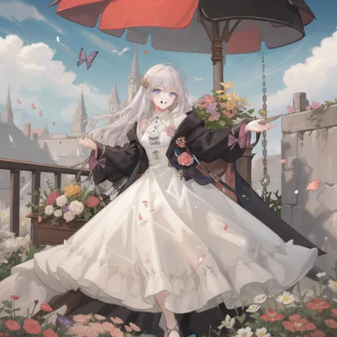 1girl, solo, long hair, blue eyes, swing, blooming garden, colorful flowers, butterflies, grey hair, white dress, sun shining brightly, warm glow, <lora:Elaina_v6.5_e8_800_bf16_lora:1>, smile
