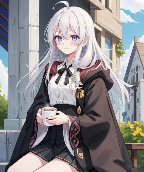 1girl, solo, long hair, blush, bangs, blue eyes, skirt, shirt, long sleeves, hair between eyes, white shirt, ahoge, grey hair, pleated skirt, outdoors, cloud, miniskirt, wide sleeves, black skirt, cloak, robe, <lora:Elaina_v6.5_e8_800_bf16_lora:0.7>, smile, closed mouth, holding cup, sitting, holding, cafe background,