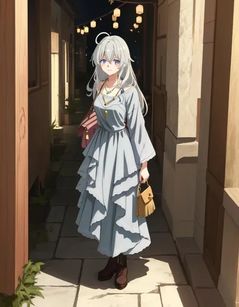 <lora:Elaina_TV_v17.7:1>, elaina \(majo no tabitabi\), 1girl, long hair, grey hair, ahoge, blue dress, bohemian dress, floral patterns, earthy tones, layered necklaces, fringe details, ankle boots, crossbody bag, natural makeup, delicate jewelry, facing viewer, blue eyes, standing