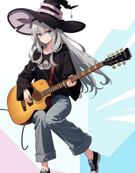 1girl, long hair, grey hair, blue eyes, ahoge, guitar, halftone, holding, instrument, long sleeves, music, pants, playing instrument, shoes, <lora:Elaina_v12.0_e1_800:1>, witch hat, looking at viewer,