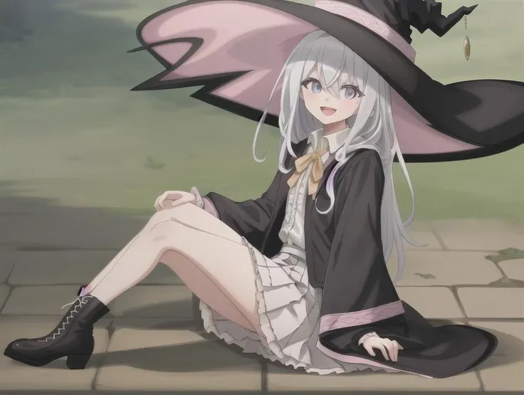 1girl, solo, long hair, looking at viewer, smile, open mouth, bangs, blue eyes, skirt, shirt, long sleeves, hat, ribbon, hair between eyes, white shirt, grey hair, :d, pleated skirt, legs, boots, frills, open clothes, collared shirt, black skirt, bag, black footwear, black headwear, witch hat, frilled skirt, robe, yellow ribbon, witch, sidesaddle, black robe, open robe, pointy footwear, <lora:Elaina_TV_v17.7:1>