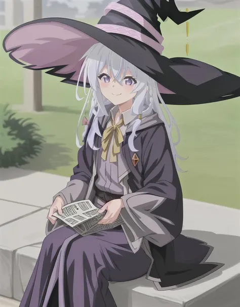 elaina \(majo no tabitabi\), 1girl, solo, long hair, yellow ribbon, smile, pink hair bow:1.1, long sleeves, neck ribbon, witch hat, sitting, food, braid, cup, blue eyes, grey hair, reading, hair between eyes, black robe, bread, both hand holding newspaper, hat,  <lora:Elaina_TV_v17.7:1>