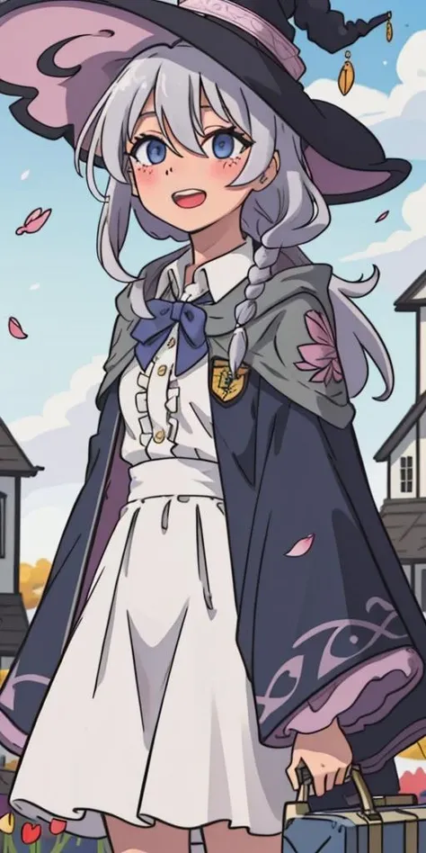 1girl, solo, looking at viewer, blush, smile, open mouth, bangs, blue eyes, skirt, shirt, long sleeves, bow, holding, hair between eyes, very long hair, white shirt, braid, flower, ahoge, grey hair, pleated skirt, outdoors, frills, sky, teeth, day, collared shirt, cloud, cape, blurry, tree, blue sky, blue skirt, petals, dress shirt, capelet, depth of field, blurry background, upper teeth only, bug, white bow, red flower, building, holding suitcase, butterfly, cloak, pink flower, high-waist skirt, center frills, black cape, tulip, witch hat, <lora:Elaina_v12.0_e1_800:1>