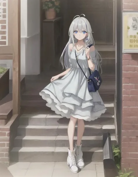 <lora:Elaina_TV_v17.7:1>, girl, long hair, grey hair, ahoge, wearing a flowy bohemian dress, floral patterns, earthy tones, layered necklaces, fringe details, ankle boots, crossbody bag, natural makeup, delicate jewelry, carefree style, bohemian, facing viewer, blue eyes