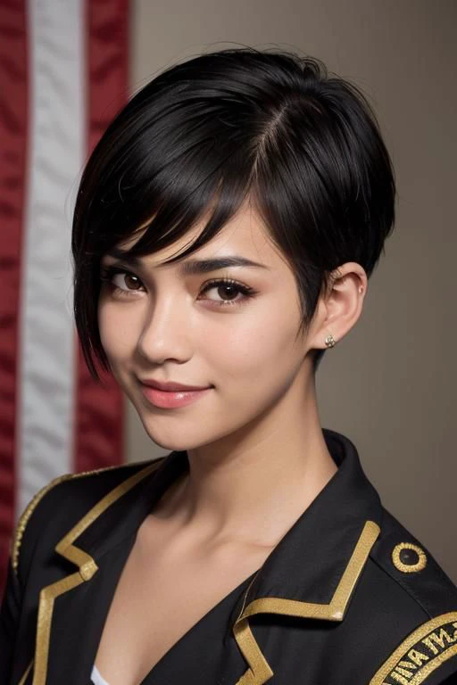 spiky bald hairstyle, short hair, mexican skin, gloves, uniform military, 1girl ,dark black hair, ((hair cut super short,)), soft Brown eyes, smile lips,