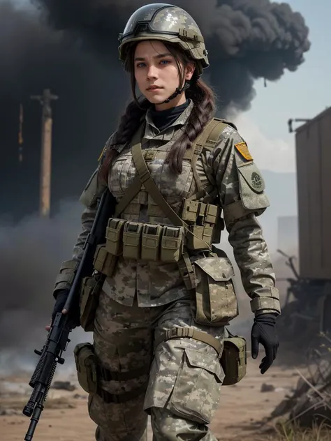 A female medical soldier,clad in camouflage attire and helmet,stands on the war-torn frontline. Her determined expression and unwavering stride convey commitment and composure. The first aid kit on her back bears witness to past urgent medical missions. The medical insignia on her helmet emphasizes her crucial role. Neatly arranged hair and medical supplies at her waist highlight her preparedness. Amidst smoke and distant gunfire,her gaze remains focused and resolute. Not a combatant,but a lifeline to comrades,she embodies unwavering support on the conflict's battlefield.,masterpiece,high quality,highres,8k,deep eyes,goth,chemigram,Studio Ghibli,blue pupils,