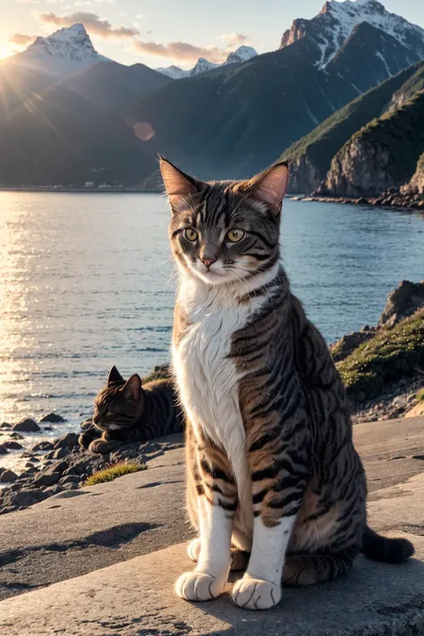 A cat, short fur, dynamic posture, glistening,
outdoors, mountainous horizon, sunrise, ocean,
feeling peaceful and happy, soft light