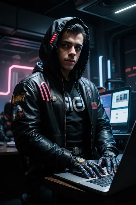 rami_malek, cyberpunk:1.4, robotic hands, cyberpunk hands, cyberpunk armor, cyberpunk outfit, mechanical, robotic, cyberpunk jacket, hoodie, hood on, cyberpunk theme, dark theme, neon, wires, robotic arms, laptop, sitting, using, laptops, hacking,